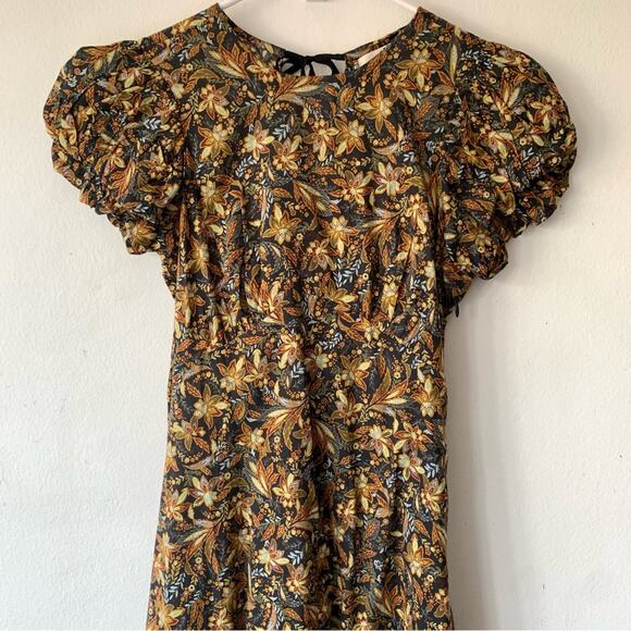 Doen Rhodia Cotton Crew Neck Short Puff Sleeve Maxi Dress Noir Narcissus Floral - Picture 8 of 13